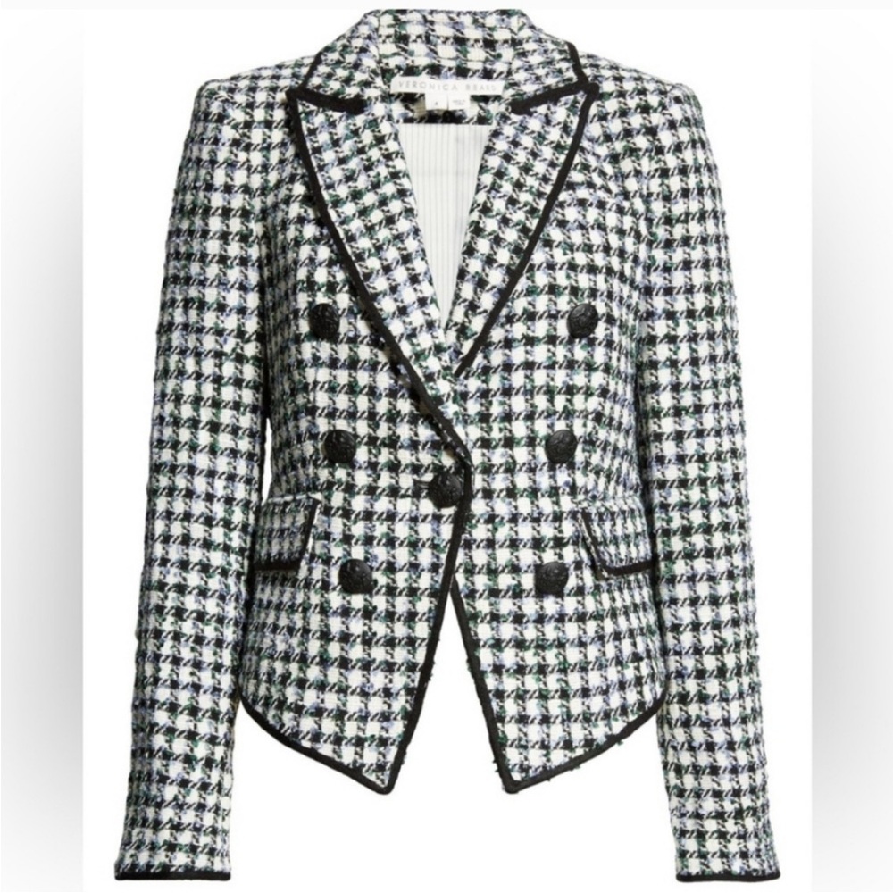 Veronica Beard Diego Double Breasted Dickey Blazer Blue/Pinegrove Multi Tweed - Picture 3 of 11